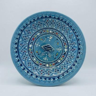 Hand-Painted Tunisian Ceramic Deep Serving Plate - Blue Geometric & Traditional Motifs